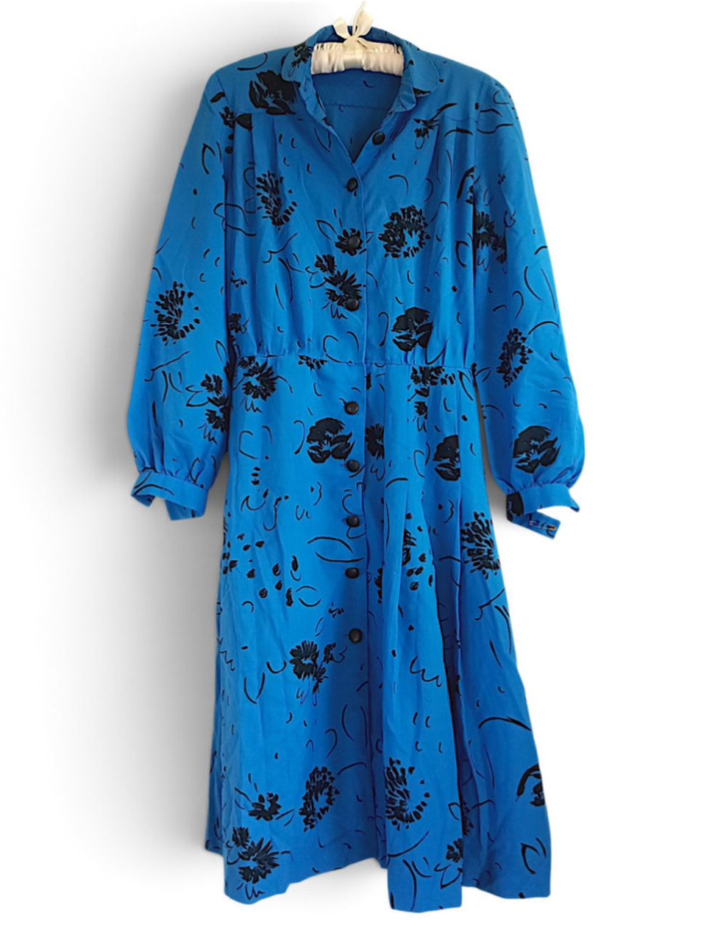 80s Button down Midi shirt Dress electric Blue Black floral vintage secretary M